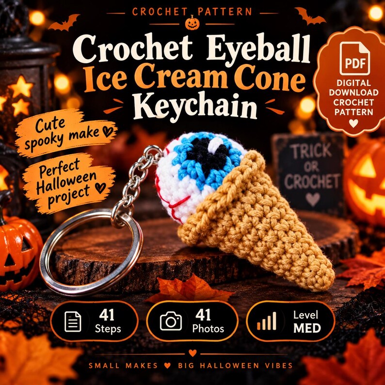 May include: A crochet pattern for an eyeball ice cream cone keychain. The text reads Crochet Eyeball Ice Cream Cone Keychain, PDF Digital Download, Cute spooky make, Perfect Halloween project, Trick or Crochet, 41 Steps, 41 Photos, Level MED.
