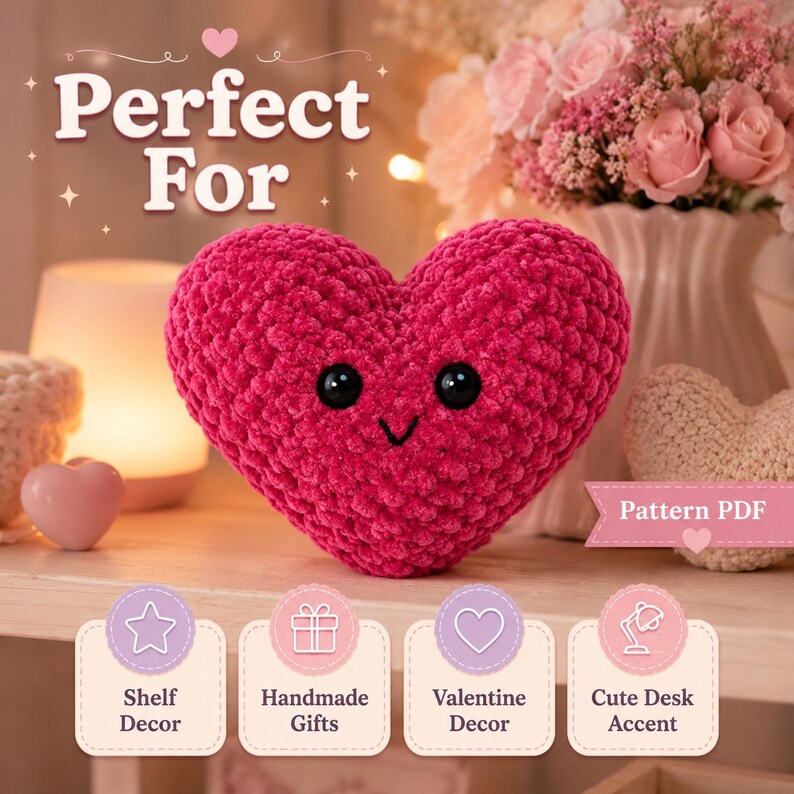 May include: A bright pink heart-shaped plush toy with black safety eyes and a stitched smile. The text "Perfect For" appears at the top, with four circular icons below labeled "Shelf Decor," "Handmade Gifts," "Valentine Decor," and "Cute Desk Accent."