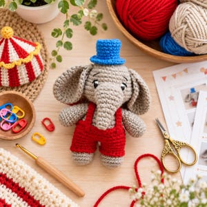 May include: A crocheted gray elephant toy wearing bright red overalls and a small blue top hat. The elephant has large ears, a trunk, and black eyes. It is surrounded by yarn, a crochet hook, scissors, and a small red and white striped tent.