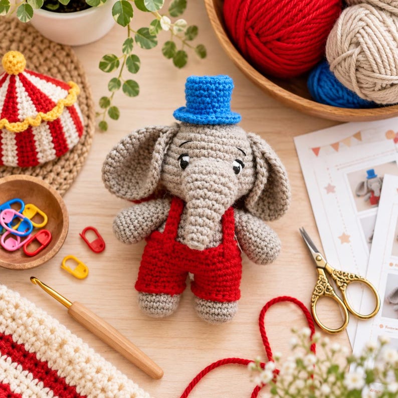 May include: A crocheted gray elephant toy wearing bright red overalls and a small blue top hat. The elephant has large ears, a trunk, and black eyes. It is surrounded by yarn, a crochet hook, scissors, and a small red and white striped tent.