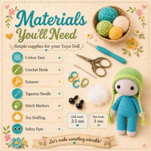 K&ouml;nnte beinhalten: Eine Bastelanleitung mit dem Titel Materials You'll Need for a Yoyo Doll, bestehend aus einem Korb mit Garn, einer H&auml;kelnadel, Schere, Nadel, Maschenmarkierern, F&uuml;llwatte, Sicherheitsaugen und einer geh&auml;kelten Puppe mit 2,5 mm und 3 mm Nadelst&auml;rke.