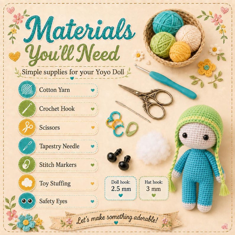 K&ouml;nnte beinhalten: Eine Bastelanleitung mit dem Titel Materials You'll Need for a Yoyo Doll, bestehend aus einem Korb mit Garn, einer H&auml;kelnadel, Schere, Nadel, Maschenmarkierern, F&uuml;llwatte, Sicherheitsaugen und einer geh&auml;kelten Puppe mit 2,5 mm und 3 mm Nadelst&auml;rke.