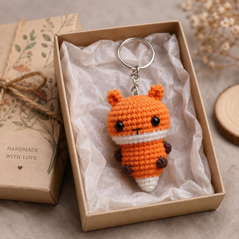 May include: A crochet fox keychain featuring orange and white yarn, black bead eyes, and small dark brown paws. The fox is attached to a silver metal keyring and is presented inside a rectangular cardboard gift box lined with white tissue paper.