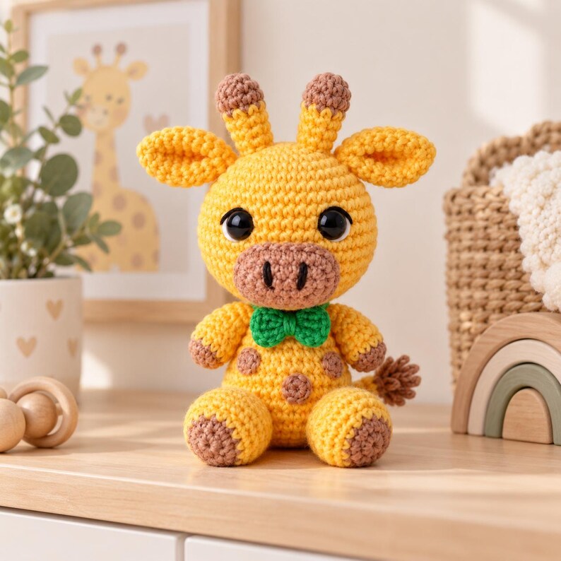 May include: A yellow crochet giraffe toy with brown spots, large black eyes, and a green bow tie. The stuffed animal has two small horns on its head, rounded ears, and a textured tail. It is crafted with yarn in a seated position.