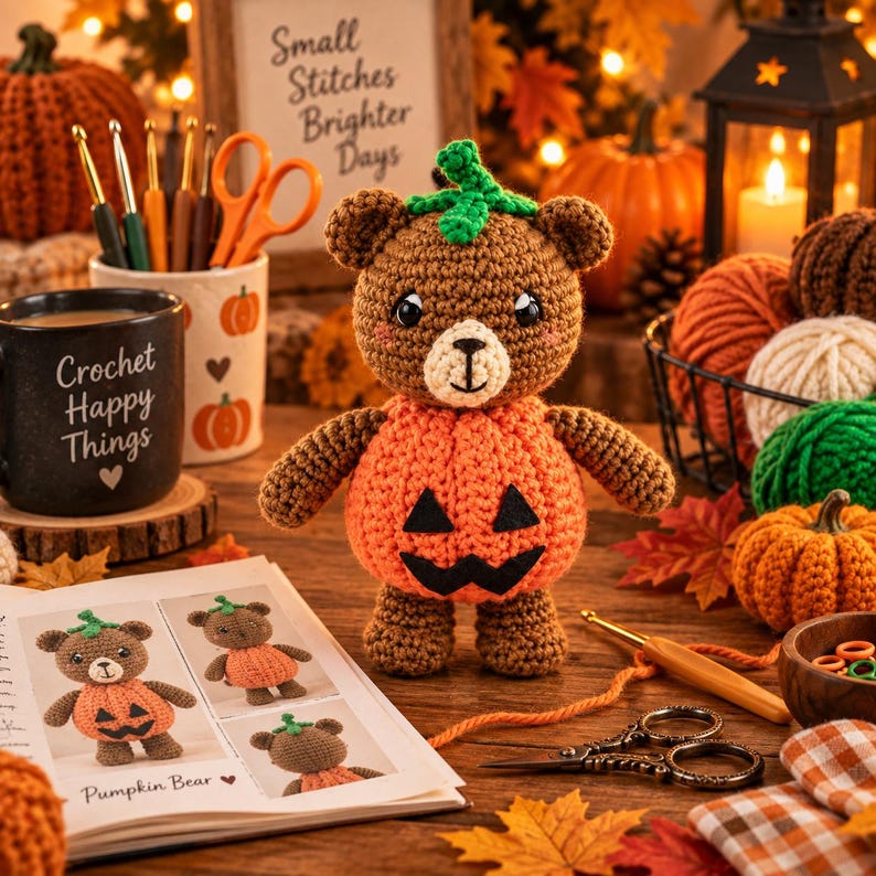 May include: A brown crocheted bear plush toy wearing an orange pumpkin-shaped body with a black felt jack-o'-lantern face and a green stem on its head. The bear has a cream-colored muzzle, embroidered facial features, and pink blush accents.