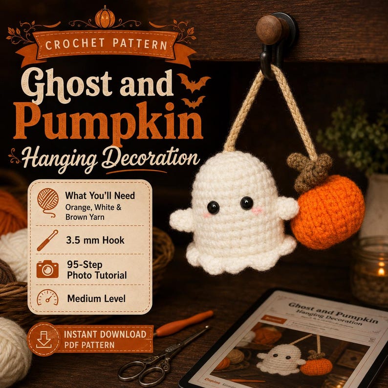 May include: A crochet pattern for a ghost and pumpkin hanging decoration. The image shows a white ghost and an orange pumpkin with a brown stem, both crocheted, hanging from a hook. Text includes 'Ghost and Pumpkin Hanging Decoration'.