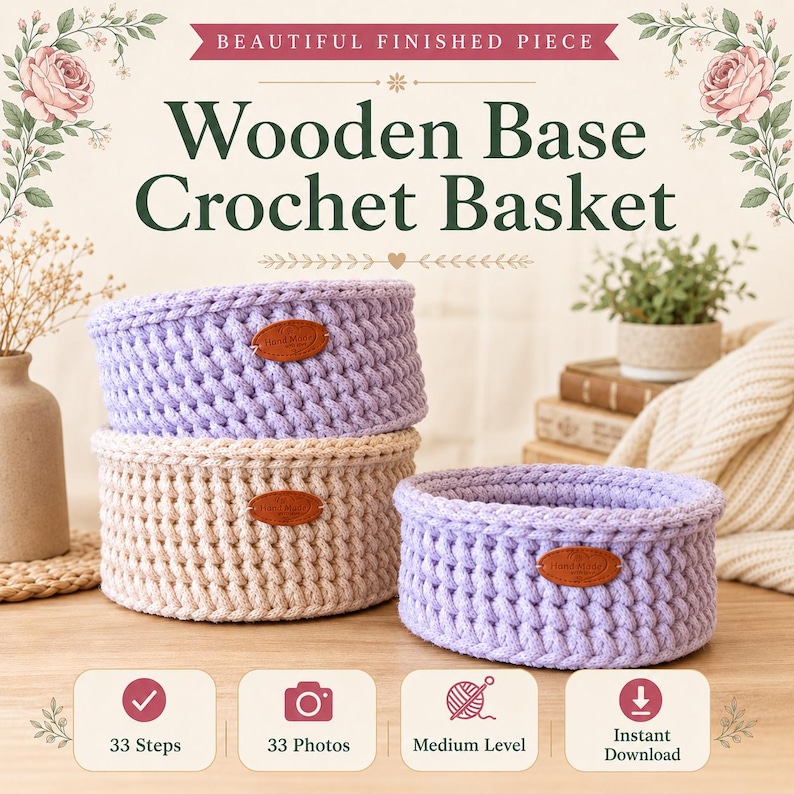 May include: Three round crochet baskets with wooden bases, two in light purple and one in beige. Each basket features a small brown oval tag labeled Hand Made. The image includes text: Beautiful Finished Piece, Wooden Base Crochet Basket, 33 Steps, 33 Photos, Medium Level, Instant Download.