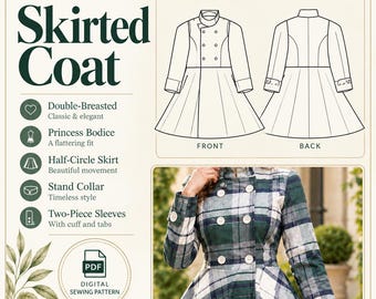 May include: A digital sewing pattern for a skirted coat featuring a double-breasted front, princess bodice, half-circle skirt, stand collar, and two-piece sleeves with cuffs and tabs. Includes technical line drawings and a photo of a plaid coat.