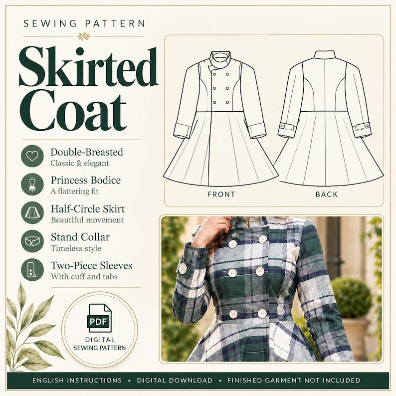 May include: A digital sewing pattern for a skirted coat featuring a double-breasted front, princess bodice, half-circle skirt, stand collar, and two-piece sleeves with cuffs and tabs. Includes technical line drawings and a photo of a plaid coat.