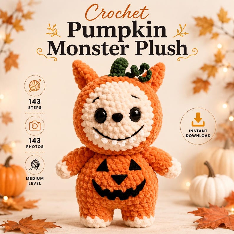 May include: A crochet pumpkin monster plush with orange and cream yarn, featuring a green stem, black safety eyes, and a stitched jack-o'-lantern face. Text includes Crochet Pumpkin Monster Plush, 143 steps, 143 photos, medium level, and instant download.