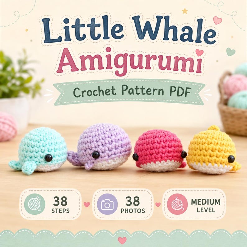 May include: A digital pattern for a Little Whale Amigurumi crochet project. The image displays four small, round, handmade whale toys in light blue, lavender, pink, and yellow. Text includes 'Little Whale Amigurumi', 'Crochet Pattern PDF', '38 STEPS', '38 PHOTOS', and 'MEDIUM LEVEL'.