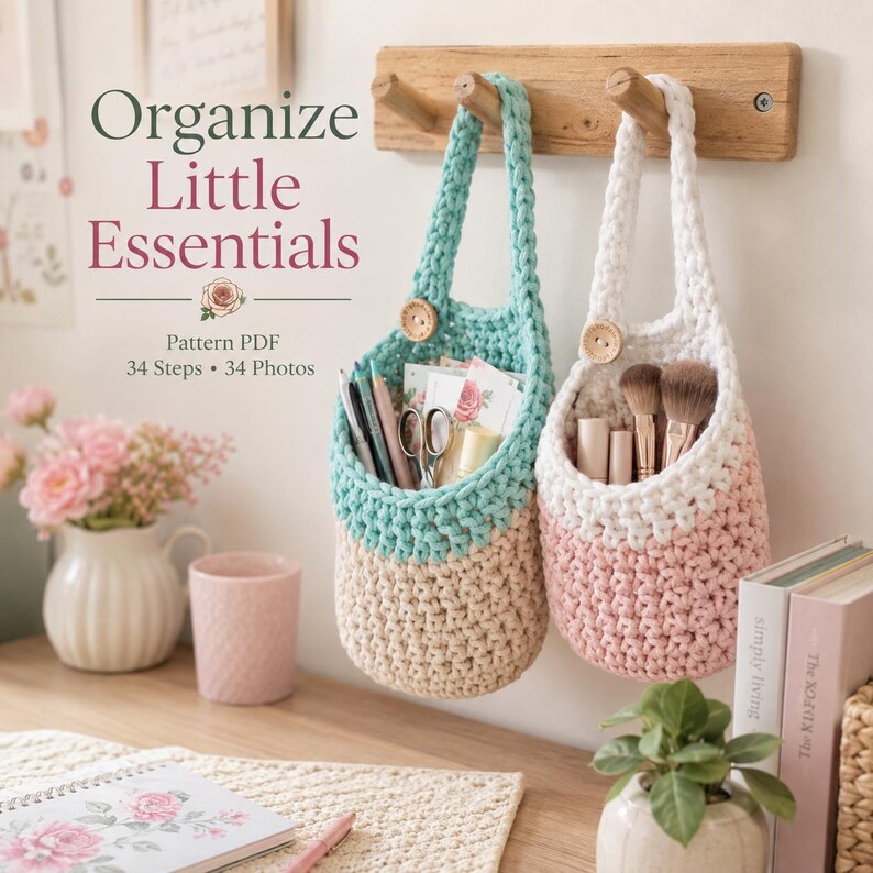May include: Two hanging crochet baskets in teal and cream, and white and pink, suspended from a wooden wall rack. The baskets feature wooden buttons and contain various stationery items and makeup brushes. Text reads Organize Little Essentials.