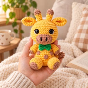 May include: A small, yellow, crocheted giraffe toy with brown spots, brown hooves, and two small horns on its head. The giraffe features large black safety eyes, a brown muzzle, and a bright green bow tie attached to its neck, crafted from yarn.
