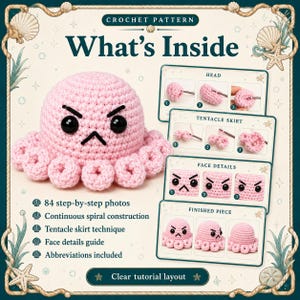 May include: A crochet pattern guide titled What's Inside featuring a light pink octopus with black eyes and an angry expression. The document includes 84 step-by-step photos, instructions for continuous spiral construction, a tentacle skirt technique, a face details guide, and abbreviations for creating the finished piece.
