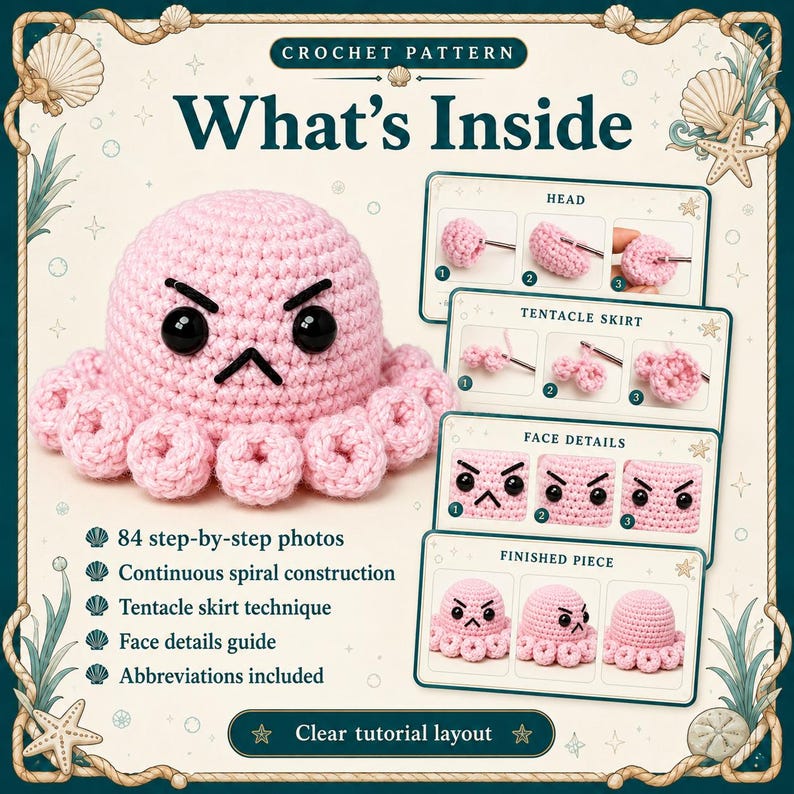 May include: A crochet pattern guide titled What's Inside featuring a light pink octopus with black eyes and an angry expression. The document includes 84 step-by-step photos, instructions for continuous spiral construction, a tentacle skirt technique, a face details guide, and abbreviations for creating the finished piece.