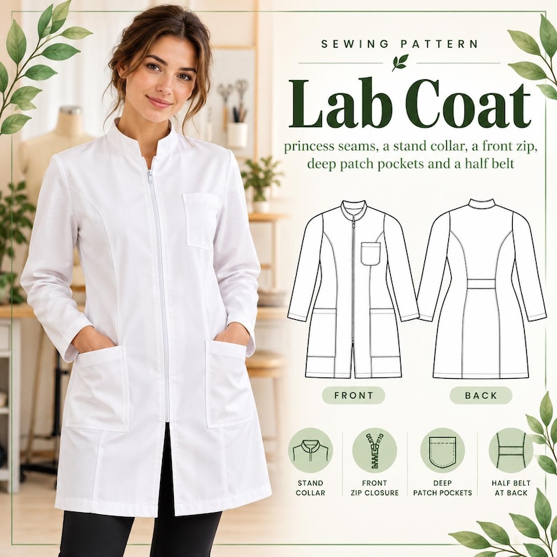 Peut inclure: Un patron de couture pour blouse de laboratoire blanche avec col montant, fermeture &eacute;clair frontale, coutures princesse, poches plaqu&eacute;es profondes et demi-ceinture au dos. Inclut des dessins techniques montrant les vues avant et arri&egrave;re.