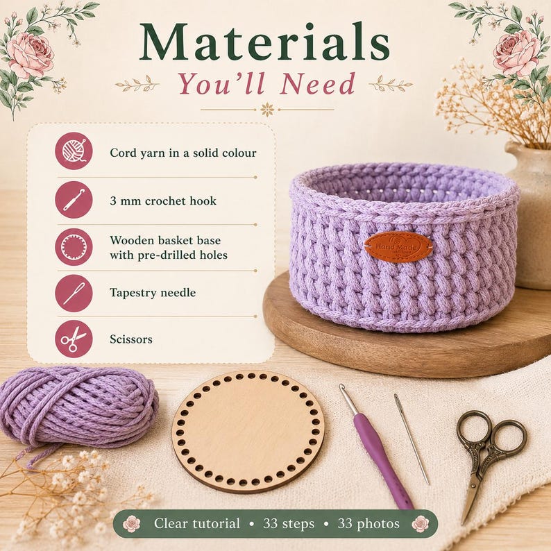 May include: A light purple crochet basket with a brown leather tag labeled Hand Made. The image displays a list of materials including cord yarn, a 3 mm crochet hook, a wooden basket base with pre-drilled holes, a tapestry needle, and scissors.