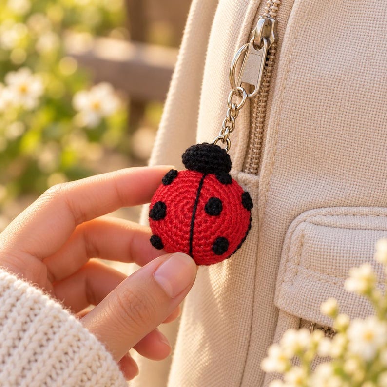 May include: A round, crocheted ladybug keychain featuring a vibrant red body with black spots and a black head. The ladybug is attached to a silver-toned metal split ring and chain, which is clipped onto the zipper pull of a beige fabric backpack.