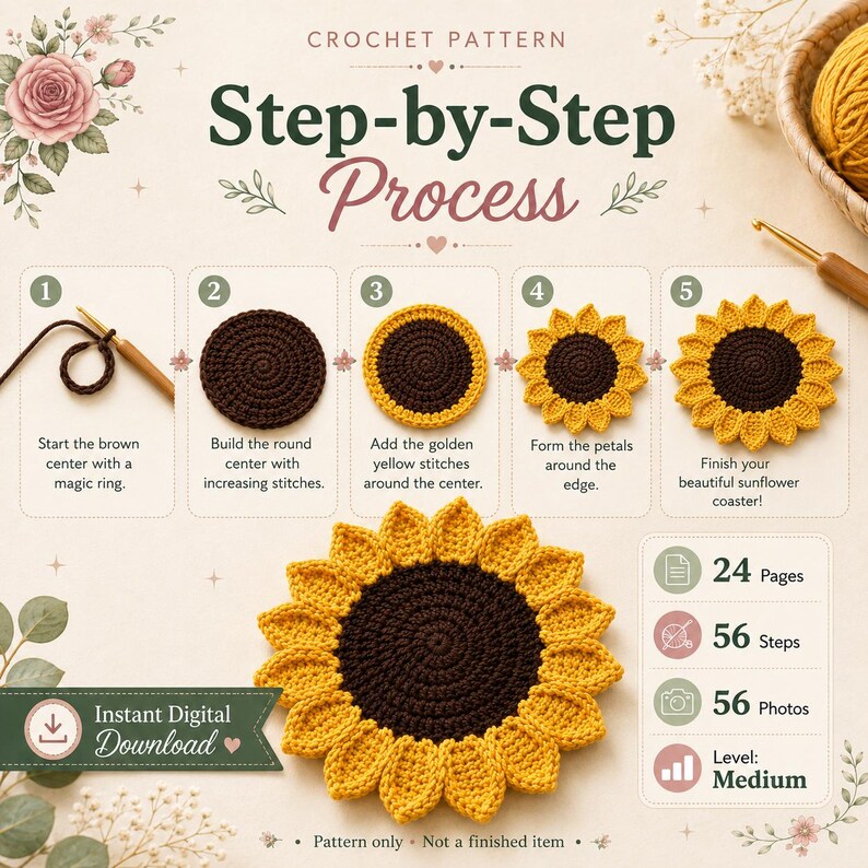 May include: A digital crochet pattern guide for a sunflower coaster featuring a five-step visual tutorial. The document includes 24 pages, 56 steps, and 56 photos, labelled as a medium skill level. It is an instant digital download, pattern only.