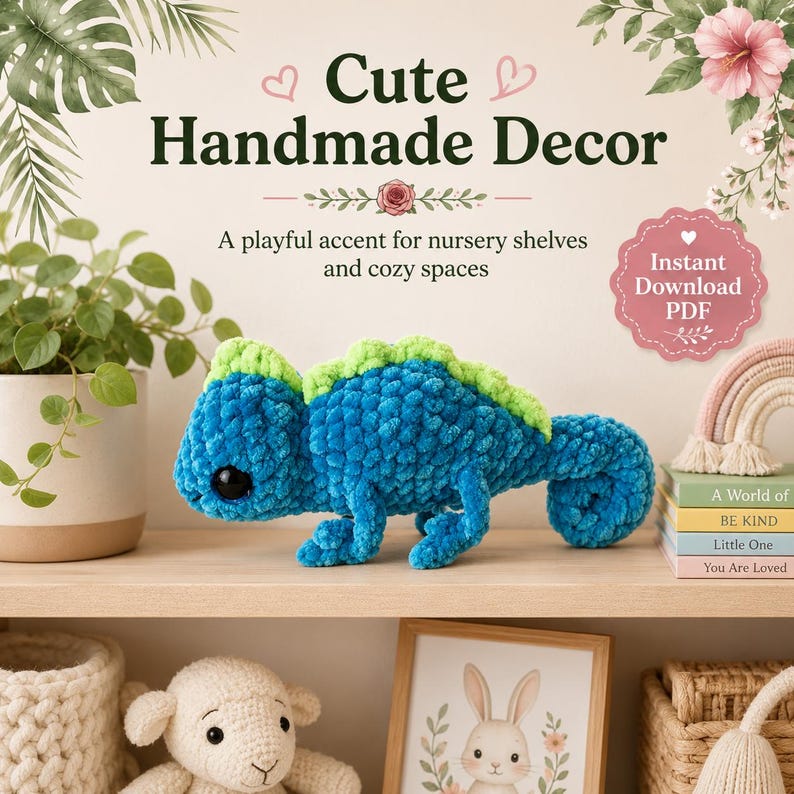 May include: A blue and green crocheted chameleon plush toy with large black eyes, positioned on a wooden shelf. The image includes text reading Cute Handmade Decor, A playful accent for nursery shelves and cozy spaces, and Instant Download PDF.