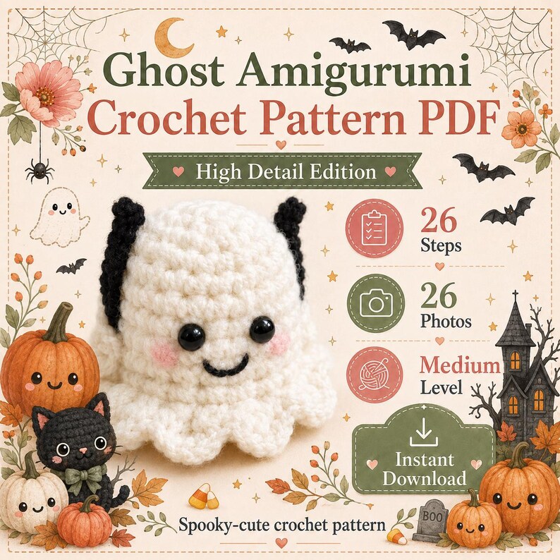 May include: A digital PDF crochet pattern for a ghost amigurumi, featuring a white crocheted ghost with black ears, pink cheeks, and black eyes. The text reads Ghost Amigurumi Crochet Pattern PDF, High Detail Edition, 26 Steps, 26 Photos, Medium Level, Instant Download, and Spooky-cute crochet pattern.