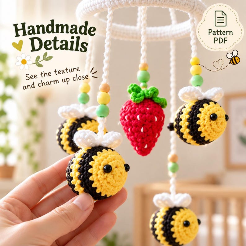 May include: A crochet mobile featuring four yellow and black striped bees and one red strawberry with green leaves, suspended from a white ring by white cords with yellow and green beads. Text reads: Handmade Details, Pattern PDF.