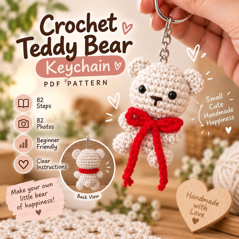 May include: A crochet teddy bear keychain with cream-colored yarn, black bead eyes, and a red yarn bow. The image includes text: Crochet Teddy Bear Keychain PDF Pattern, 82 Steps, 82 Photos, Beginner Friendly, Clear Instructions, and Small Cute Handmade Happiness.