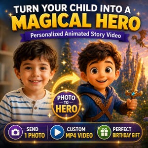 Op de afbeelding: Een digitale advertentie met een jong kind naast een geanimeerd personage dat een zwaard vasthoudt. De tekst luidt: TURN YOUR CHILD INTO A MAGICAL HERO, Personalized Animated Story Video, PHOTO TO HERO, SEND 1 PHOTO, CUSTOM MP4 VIDEO, PERFECT BIRTHDAY GIFT.