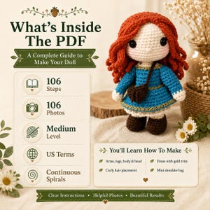 Mönster för virkad docka med lockigt hår i PDF-format, virkmönster för amigurumi-docka, handledning för dockor med rött hår, fotoguide i 106 steg, direktnedladdning bild 3