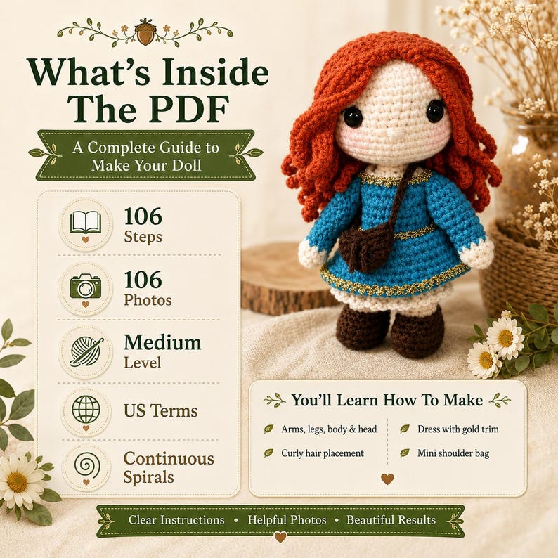 Mönster för virkad docka med lockigt hår i PDF-format, virkmönster för amigurumi-docka, handledning för dockor med rött hår, fotoguide i 106 steg, direktnedladdning bild 3