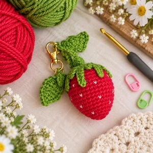 May include: A red crocheted strawberry keychain featuring a green stem and leaves, attached to a gold-toned metal lobster clasp. The strawberry has small white embroidered stitches representing seeds, and an additional small green leaf charm.