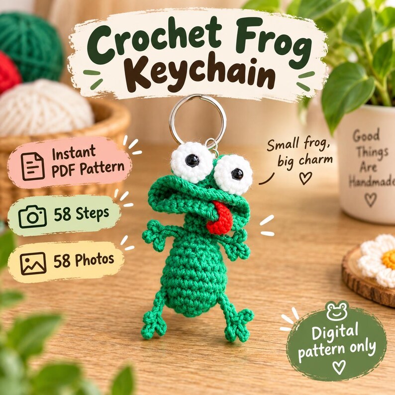 May include: A green crochet frog keychain with large white eyes, black pupils, and a red tongue sticking out. The frog is attached to a silver metal keyring. Text on the image includes Crochet Frog Keychain, Instant PDF Pattern, 58 Steps, 58 Photos, Small frog, big charm, and Digital pattern only.
