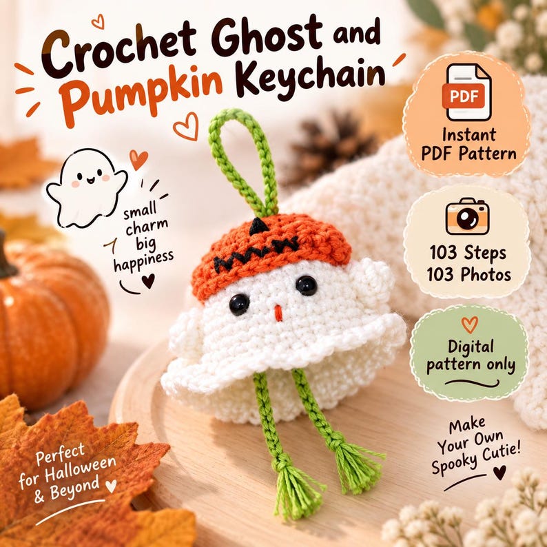 May include: A crochet ghost and pumpkin keychain pattern featuring text that reads Crochet Ghost and Pumpkin Keychain, Instant PDF Pattern, 103 Steps 103 Photos, Digital pattern only, small charm big happiness, and Make Your Own Spooky Cutie.