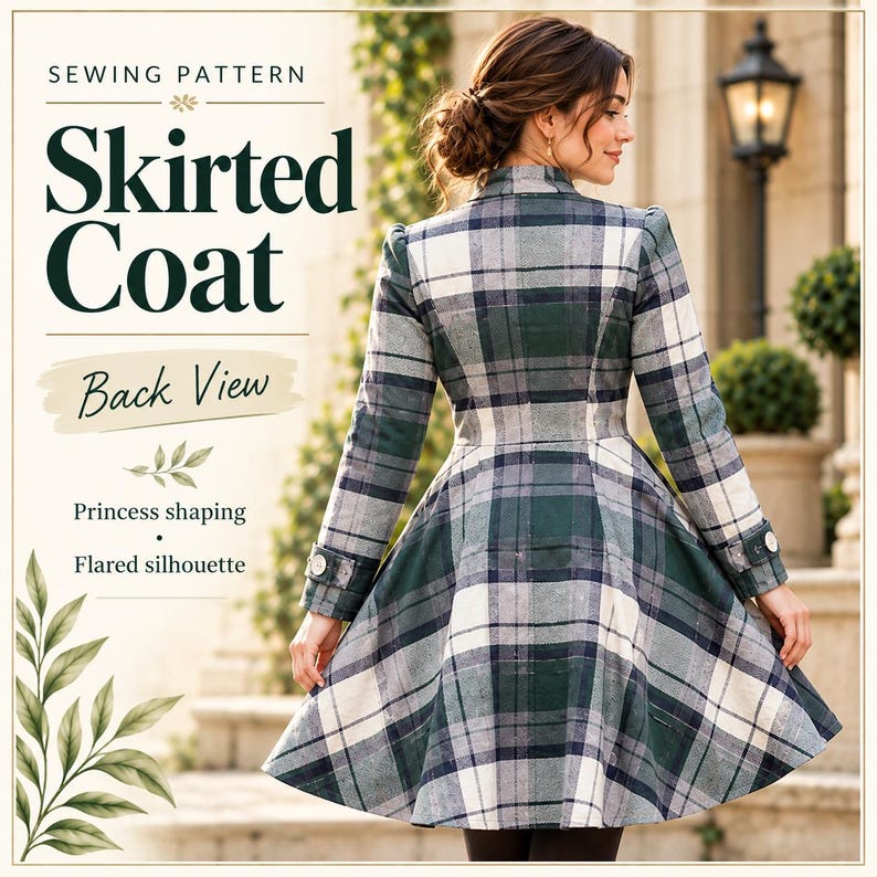May include: A sewing pattern for a skirted coat featuring a back view of a long-sleeved coat with a green, white, and navy blue plaid pattern. The coat has princess shaping, a flared silhouette, and buttoned cuffs. Text reads: SEWING PATTERN SKIRTED COAT Back View Princess shaping Flared silhouette.