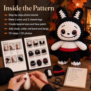 May include: A crochet pattern guide titled Inside the Pattern featuring a vampire bunny plush with black and white yarn, red eyes, and fangs. The guide includes 131 steps, photos, and a checklist for arms, legs, ears, face patch, cloak, collar, and red band.