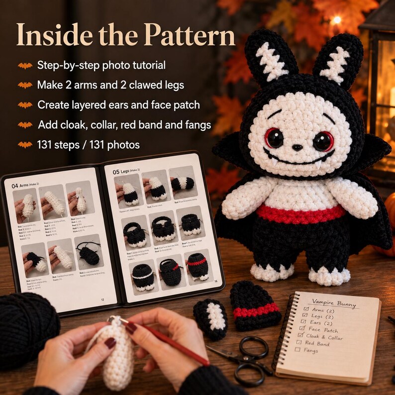 May include: A crochet pattern guide titled Inside the Pattern featuring a vampire bunny plush with black and white yarn, red eyes, and fangs. The guide includes 131 steps, photos, and a checklist for arms, legs, ears, face patch, cloak, collar, and red band.