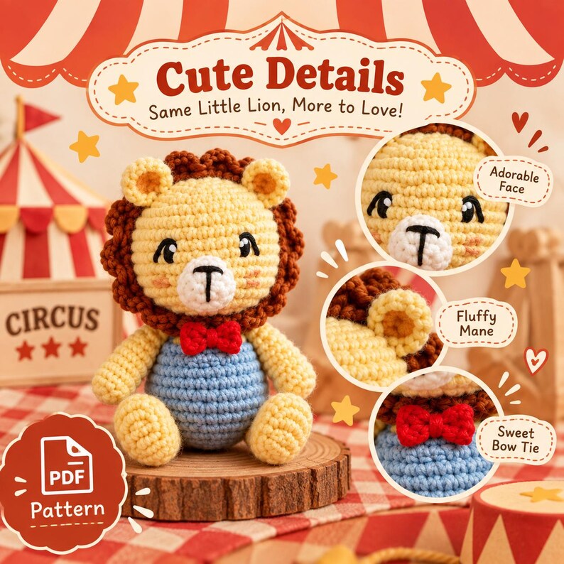 Puede incluir: Un juguete de le&oacute;n tejido a ganchillo con cara amarilla, melena marr&oacute;n y peto azul con pajarita roja. La imagen incluye las etiquetas de texto: Cute Details, Same Little Lion, More to Love, Adorable Face, Fluffy Mane, Sweet Bow Tie, PDF Pattern.