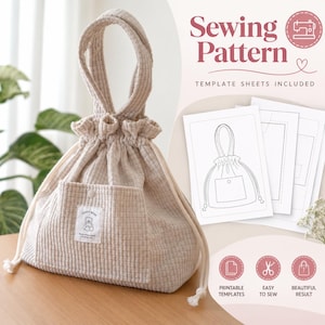 May include: A beige waffle-textured drawstring bag with a single top handle and a front pocket featuring a small teddy bear label. Beside the bag are white paper sewing pattern template sheets with line drawings and the text Sewing Pattern.