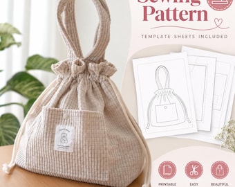 May include: A beige waffle-textured drawstring bag with a single top handle and a front pocket featuring a small teddy bear label. Beside the bag are white paper sewing pattern template sheets with line drawings and the text Sewing Pattern.