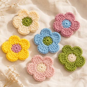 May include: Six crocheted flower appliques in various colors. One is cream with a green center, one pink with a blue center, one yellow with a purple center, one blue with a green center, one light pink with a cream center, and one green with a cream center.