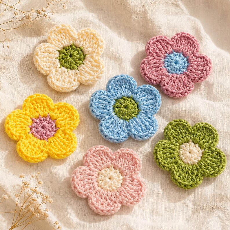 May include: Six crocheted flower appliques in various colors. One is cream with a green center, one pink with a blue center, one yellow with a purple center, one blue with a green center, one light pink with a cream center, and one green with a cream center.
