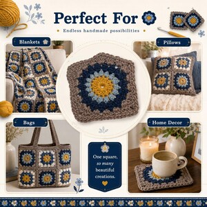 Pu&ograve; includere: Un quadrato all'uncinetto con un cerchio centrale giallo, un anello azzurro, un bordo blu scuro e un contorno color tortora. L'immagine mostra esempi di utilizzo in coperte, cuscini, borse e sottobicchieri con il testo Perfect For.