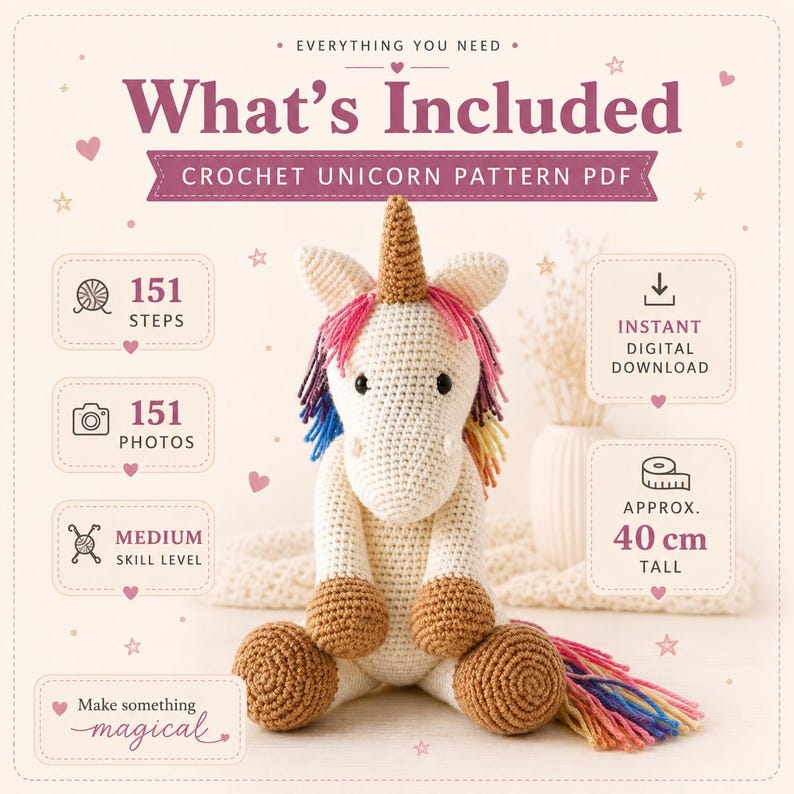 May include: A crochet unicorn pattern PDF featuring a cream-colored unicorn with a gold horn, pink and rainbow mane, and brown hooves. The text includes 'What's Included', '151 Steps', '151 Photos', 'Medium Skill Level', 'Instant Digital Download', and '40 cm tall'.