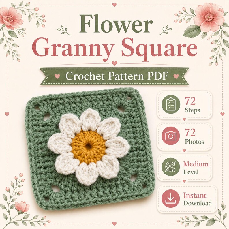 May include: A crochet pattern PDF titled Flower Granny Square featuring a green square with a white and yellow flower center. The graphic includes icons for 72 steps, 72 photos, medium level, and instant download, decorated with pink floral accents.