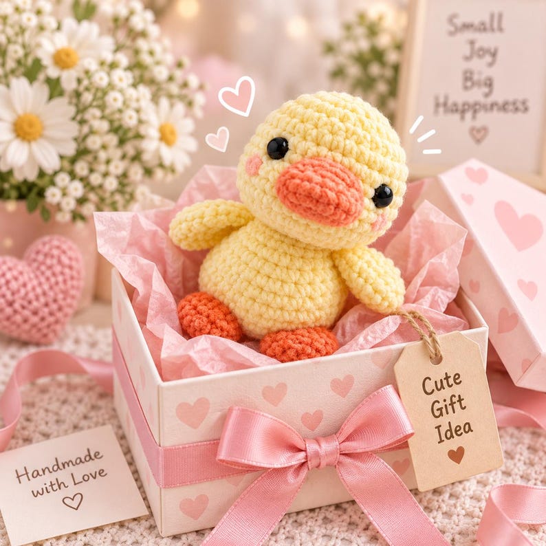 May include: A yellow crocheted duck plush with black eyes and an orange beak and feet, sitting inside a white gift box decorated with pink hearts. The box is tied with a pink ribbon and features a brown tag labeled Cute Gift Idea.