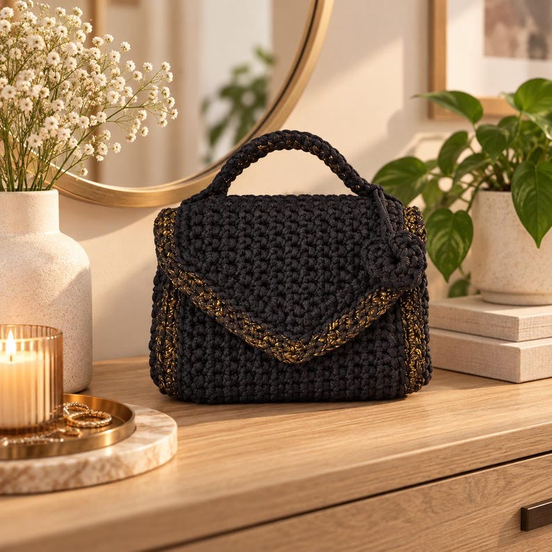 Puede incluir: Un bolso de ganchillo en color gris carb&oacute;n oscuro con un asa superior estructurada y cierre de solapa. El bolso presenta detalles en hilo dorado met&aacute;lico tejido a lo largo de los bordes de la solapa y los laterales, e incluye un peque&ntilde;o adorno.