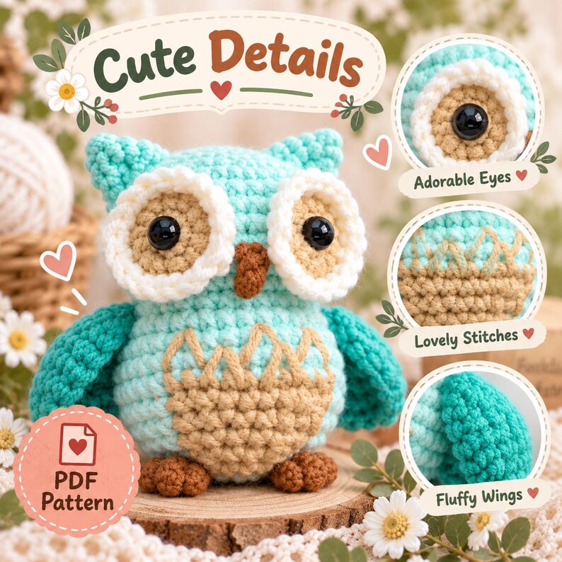 Op de afbeelding: Een gehaakt uilenspeeltje van lichtblauw, taling en beige garen. De uil heeft grote zwarte veiligheidsogen, een beige snavel en getextureerde vleugels. Tekst op de afbeelding bevat "Cute Details", "Adorable Eyes", "Lovely Stitches", "Fluffy Wings" en "PDF Pattern".