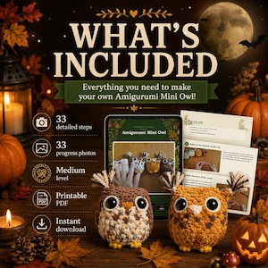 May include: A digital crochet pattern for an Amigurumi Mini Owl, featuring 33 detailed steps and progress photos, a printable PDF, and instant download. The set includes two finished crocheted owl figures with large eyes and tufted ears.
