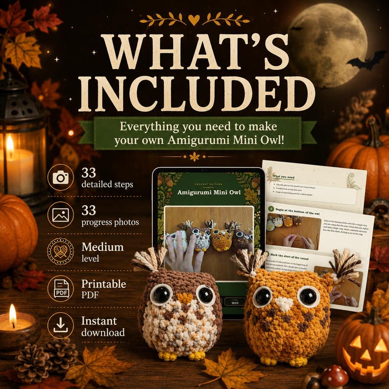 May include: A digital crochet pattern for an Amigurumi Mini Owl, featuring 33 detailed steps and progress photos, a printable PDF, and instant download. The set includes two finished crocheted owl figures with large eyes and tufted ears.