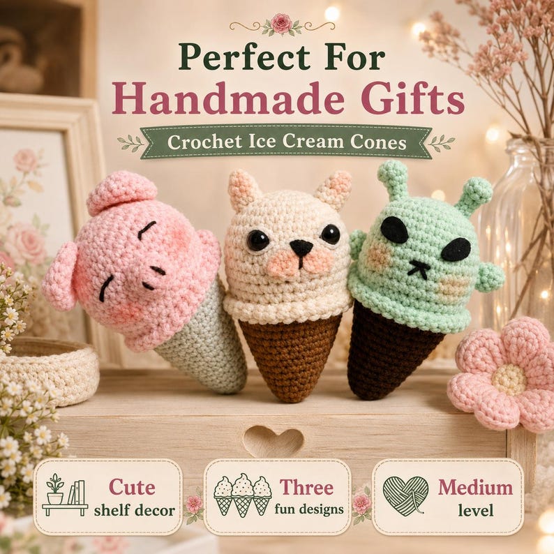 May include: Three crochet ice cream cones featuring animal-inspired designs: a pink pig, a cream-colored bear, and a light green alien. The text reads "Perfect For Handmade Gifts", "Crochet Ice Cream Cones", "Cute shelf decor", "Three fun designs", and "Medium level".